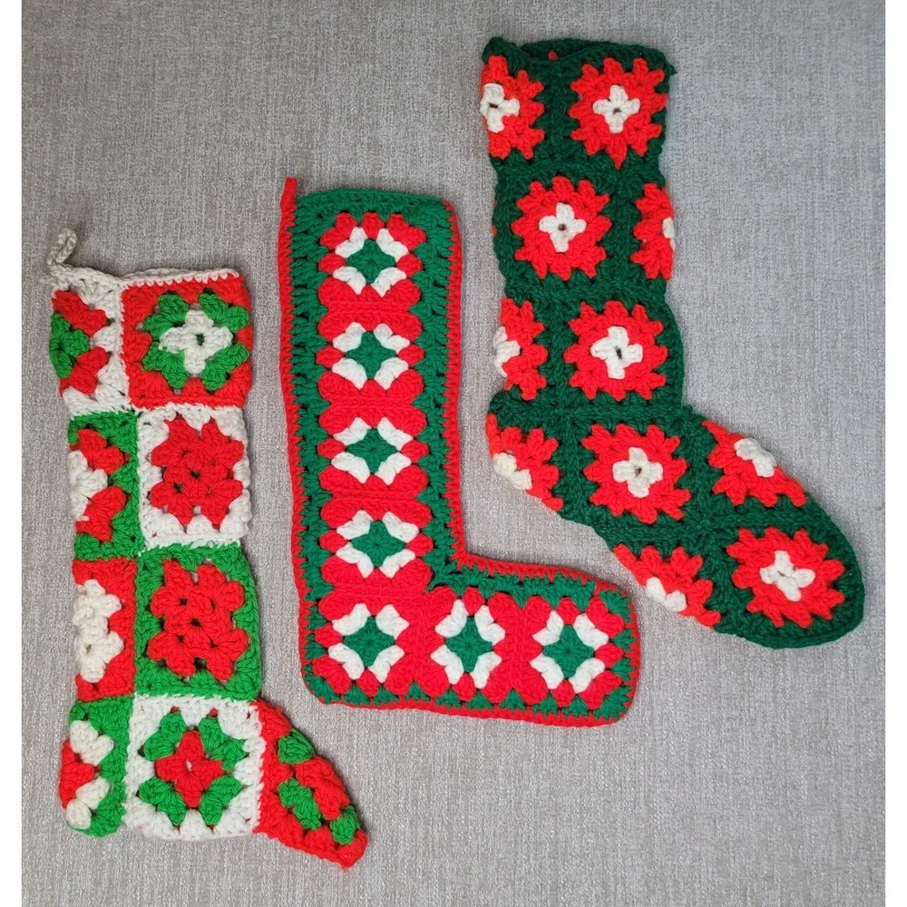 3 Vintage Hand Made Christmas Stockings Red Green White Granny‎ Square Crochet